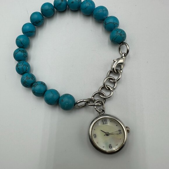 Beaded Bracelet Charm Watch Silver Tone Faux Turquoise Mother of Pearl Dial - Picture 2 of 9